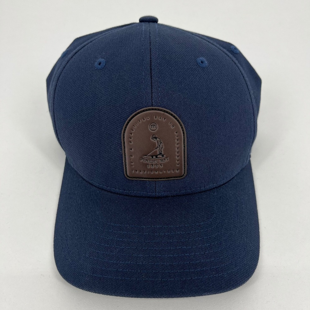 Travis Mathew Pinehurst 1895 Golf Hat Navy Blue Flexfit L-XL Leather Patch Cap